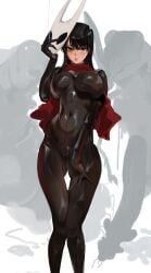 absurdres ass_visible_through_thighs black_bodystocking black_eyes black_hair blush bodystocking breasts bug cameltoe closed_mouth commentary cosplay covered_navel feet_out_of_frame female gigantic_penis hair_between_eyes hand_on_own_thigh hand_up highres holding holding_mask hollow_knight horned_mask hornet_(hollow_knight)_(cosplay) imminent_bestiality komi-san_wa_komyushou_desu komi_shouko large_breasts long_hair looking_at_viewer mamimi_(mamamimi) mask paid_reward_available penis raised_inner_eyebrows red_scarf scarf simple_background solo standing straight-on straight_hair swept_bangs thigh_gap white_background white_mask
