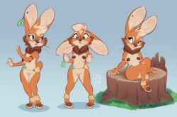 2019 anthro areola big_ears blue_background blue_eyes breasts brown_areola ear_piercing female fur hi_res lagomorph leporid mammal multicolored_body multicolored_fur multiple_poses navel nude orange_body orange_fur paws piercing pose pussy rabbit reign-2004 simple_background sitting solo standing tan_body tan_fur two_tone_body two_tone_fur