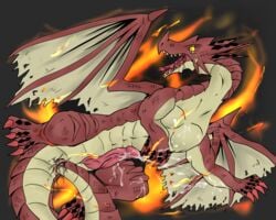 anal anal_masturbation bodily_fluids bukkake cum dragon ejaculation fairy_tail genital_fluids igneel male masturbation penis red_body scalie solo tail_masturbation tongue wings