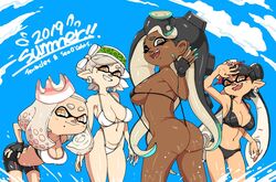 2019 4girls 5_fingers ass beach beauty_mark big_ass big_breasts bike_shorts bikini black_bikini black_hair black_short_shorts black_shorts black_skin callie_(splatoon) cephalopod cephalopod_humanoid cleavage clouds cute dark-skinned_female dark_skin earrings female fingerless_gloves green_eyes grin handwear heart-shaped_pupils humanoid inkling long_hair looking_at_viewer looking_back marie_(splatoon) marina_(splatoon) mole mole_under_mouth multiple_girls octoling orange_eyes pale_skin pearl_(splatoon) pointy_ears seaside short_hair shorts sky smile smiling_at_viewer smug splatoon splatoon_2 sports_bra sportswear swimsuit swimwear tank_top two_tone_hair waving wet white white_bikini white_hair white_skin yellow_eyes yuta_agc