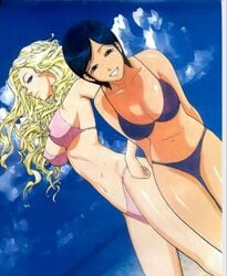 2girls bikini blonde_hair blue_eyes blue_hair breasts female_only looking_at_viewer multiple_girls navel pale-skinned_female short_hair smile thick_thighs vera_linus veritas wavy_hair yu_shinra