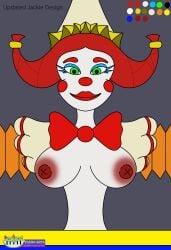 2d 2d_(artwork) blue_eyeliner breasts clown_costume clown_girl clown_hat clown_nose five_nights_at_freddy's:_secret_of_the_mimic green_eyes jackie_(fnaf) orange_arms piano1738 red_bowtie red_hair red_lipstick reference_sheet smiling t-pose white_skin