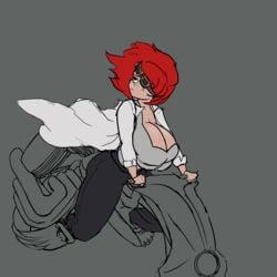 big_breasts breasts cleavage goggles goggles_on_head hoverbike huge_breasts kira_(yetig) labcoat original original_character red_hair unfinished yetig