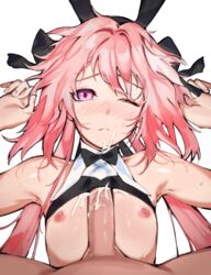 2boys absurdres animal_ears astolfo_(fate) astolfo_(saber)_(fate) black_bow black_neckwear black_shirt blush bow bowtie bunny_ears crop_top crop_top_lift cum cum_in_clothes cum_on_body cum_on_upper_body erection facial fate/apocrypha fate/grand_order fate_(series) femboy hair_intakes hairbow hands_up highres long_hair looking_at_viewer lying male_focus male_nipples messy_hair multicolored_hair multiple_boys naizuri nipples on_back one_eye_closed paid_reward patreon_reward penis pink_hair pov pov_eye_contact roropull shirt simple_background streaked_hair sweat testicles trap twintails uncensored white_background white_hair yaoi