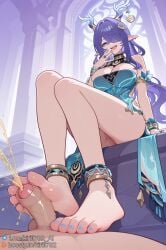 1boy 1girls ai_generated bare_shoulders barefoot blue_dress blue_nails boosty_username breasts cleavage dress duo feet female foot_fetish foot_focus footjob foreskin genshin_impact hair_ornament hair_over_one_eye horns jewelry kirill782 large_breasts lauma_(genshin_impact) legs light-skinned_female long_hair looking_at_viewer nail_polish no_panties open_mouth peeing penis pointy_ears purple_hair pussy sitting smile stable_diffusion telegram_username toenails toes watermark