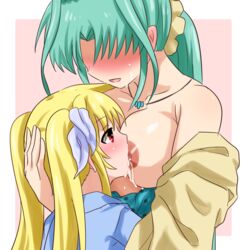 2girls blonde_hair blush breast_milk breast_sucking breastfeeding breasts clothing collarbone fate_testarossa green_hair hair_ornament hair_ribbon hand_on_another's_head hidden_eyes hug jewelry lactation large_breasts lindy_harlaown long_hair lyrical_nanoha mahou_shoujo_lyrical_nanoha mahou_shoujo_lyrical_nanoha_a's multiple_girls necklace nipples no_bra nursing open_mouth pink_background ponytail raya_(yuri15923) red_eyes ribbon saliva scrunchie shiny shiny_hair shiny_skin simple_background smile tongue twintails yuri