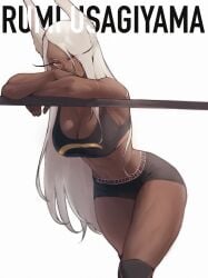 against_railing animal_ears bare_shoulders bike_shorts black_shorts black_sports_bra boku_no_hero_academia breasts character_name cleavage crescent_print dark-skinned_female dark_skin female female_only hair_over_one_eye highres large_breasts leaning_forward long_eyelashes long_hair looking_at_viewer midriff mirko miruko my_hero_academia navel parted_bangs rabbit_ears rabbit_girl railing red_eyes rumi_usagiyama shorts smile solo sports_bra stomach thighs toned white_background white_hair zukululuu