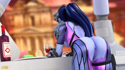 1girls 3d ass bent_over big_ass big_butt blue_hair blue_skin butt exposed_pussy female female_only fjvnb food long_hair overwatch ponytail pussy solo widowmaker wine wine_bottle wine_glass