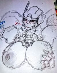 big_areola big_breasts blush blushing bumblebee_movie cybertronian exposed_breasts female female_only flirting holding_breast lips lunna_mp3 red_eyes robot robot_girl seductive_look seductive_smile shatter_(transformers) sketch text_box text_bubble traditional_media_(artwork) transformers