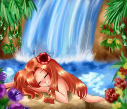 flower_in_hair flowers link's_awakening marin nude pineapplelicious red_hair rock sleeping solo waterfall