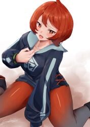 :d absurdres arezu_(pokemon) blush collarbone dated diamond_clan_outfit enoha female female_only grey_pantyhose highres looking_at_viewer nintendo not_porn open_mouth pantyhose pantyhose_under_shorts pokemon pokemon_legends:_arceus red_eyes red_hair red_pantyhose short_hair shorts signature sitting smile solo two-tone_legwear wariza white_background