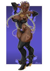 1girls big_ass bodypaint braid braided_hair breasts breasts_out clothed clothed_female comicolin curvaceous curvy_female dark-skinned_female dark_skin dolores_(kof) dreadlocks dress earrings eyebrows eyelashes female female_focus glasses gold gold_(metal) gold_jewelry green_eyes hands_up heels huge_ass jewelry jiggle jojo_reference king_of_fighters legwear long_hair looking_at_viewer nipples one_eye_closed panties purple_hair round_glasses simple_background standing thick thick_legs thick_thighs thighs tits_out two-tone_hair voluptuous voluptuous_female white_hair wide_hips wink