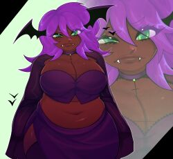 1girl 1transfem b3_gf_(blazethewolf55) belly belly_button black_girl boobs brown_skin chubby chubby_female clothed clothed_female clothing cross_necklace fangs friday_night_funkin friday_night_funkin_(b3_mod) friday_night_funkin_mod girlfriend_(friday_night_funkin) green_eyes head_wings navel purple_hair render rendered rukitooty sfw shaya_dearest tagme vampire