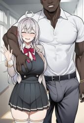 1boy1girl ai_generated alisa_mikhailovna_kujou arm_around_shoulder blush breast_grab breasts bulge cheating closed_eyes cuckold dark-skinned_male dark_skin erection_under_clothes female height_difference huge_breasts imminent_sex interracial large_breasts light-skinned_female light_skin male muscular muscular_male nervous nervous_smile netorare ntr school_uniform shy size_difference tokidoki_bosotto_russian_de_dereru_tonari_no_alya-san very_dark_skin very_muscular waving