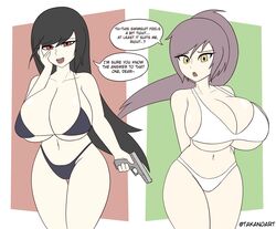 2girls big_breasts bikini black_bikini black_hair breasts brown_eyes brown_hair clothed dialogue female female_only gun large_breasts long_hair looking_at_viewer oc original_character pistol ponytail shy sisters takano_(artist) talking_to_viewer text white_bikini yandere