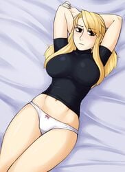 1girls arms_behind_head bed_sheet blonde_hair blush bow_panties breasts brown_eyes female fullmetal_alchemist hair_over_one_eye ittla panties riza_hawkeye solo sweatdrop thighs