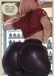 ai_generated anime ass ass_bigger_than_head ass_focus back_view behind_view big_ass big_thighs bottom_heavy dialogue dumptruck_ass female female_focus female_only fridge futagenn huge_ass indoors midriff naruto naruto_(classic) naruto_(series) pink_hair sakura_haruno sakura_haruno_(genin) short_hair skin_tight skin_tight_pants solo solo_female solo_focus spandex spandex_shorts sweat sweating sweaty sweaty_ass sweaty_body sweaty_butt text thick_thighs thin_waist viewed_from_behind wet wet_body wet_skin wide_hips