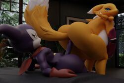3:2 3d_(artwork) anthro ass assertive_female bandai_namco bed canid canine demon digimon digimon_(species) digimon_tamers digital_media_(artwork) dirtyclone_(artist) dominant dominant_female duo female female_fox flustered fox furniture humanoid imminent_anal imp impmon looking_at_another male male/female monster_boy presenting presenting_hindquarters renamon smile smirk teasing teasing_with_butt vixen yellow_body