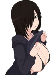 bikini_top black_hair blush brown_eyes cleavage hair_over_one_eye huge_breasts long_hair looking_at_viewer nao nao_(ritsancrossover) pai-chan_(nao) shy sweater