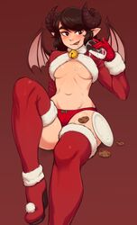 1girls bat_wings bell black_hair blush bow_panties christmas christmas_outfit demon_girl female female_focus holding_object horns ittla milk pointy_ears solo solo_female succubus thighhighs tongue tongue_out underboob wet