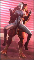 1boy 1girls 3d asari cum cum_in_pussy cum_inside double_peace_sign double_v foab30 high_heel_boots high_heels impregnation interspecies interspecies_impregnation krogan liara_t'soni looking_at_viewer male mass_effect urdnot_wrex