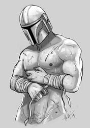 arm_wraps din_djarin helmet implied_nudity male male_only muscular nipples obscured_penis pubic_hair star_wars sweaty talialuvsbutts the_mandalorian