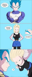 1boy 1boy1girl 1girls android android_18 armor arms_crossed big_breasts blonde blonde_hair blue_eyes blue_hair color comic dragon_ball dragon_ball_super dragon_ball_z english_text fight fighting fist hands_on_hips large_breasts light_skin ripped_clothing ripped_pants spandex speech_bubble super_saiyan_blue torn_clothes torn_clothing vegeta zetarok