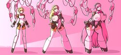 aegis_(persona) aigis_(persona) alternate_breast_size alternate_hairstyle bathroom bimbo bimbofication brainwashing breast_expansion collar female full_body gynoid high_heels highres huge_breasts kneeling large_penis leash lipstick mechanical persona persona_3 pink_eyes pink_hair pink_skin reprogramming robot robot_girl rubber santacalamitas transformation transformation_sequence