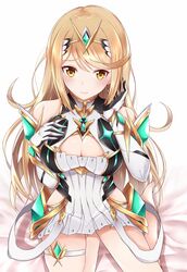 1girls armor bangs blonde_hair blush breasts cleavage cleavage_cutout commentary dress elbow_gloves female gem gloves hair_ornament headpiece highres hikari_(xenoblade_2) jewelry large_breasts long_hair looking_at_viewer mythra nintendo shoulder_armor shy sitting solo swept_bangs take_(s-wab) very_long_hair white_dress xenoblade_(series) xenoblade_chronicles_2 yellow_eyes