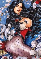 1girls 2019 ass big_breasts black_hair black_hat black_top_hat blue_eyes bowtie breasts busty card_between_breasts cards corset dc dc_comics dice ed_benes_studio eyeshadow female female_ass female_only fishnet fishnet_legwear gloves hat holding_hat holding_top_hat homo_magi justice_league large_breasts layne_pereira lipstick long_hair looking_at_viewer makeup mascara nipple_bulge pinup playing_card playing_cards red_corset red_lips red_lipstick red_rose rolling_dice rose seductive_look signature smile solo straight_hair superheroine thick_thighs thighs top_hat traditional_media white_gloves zatanna zatanna_zatara