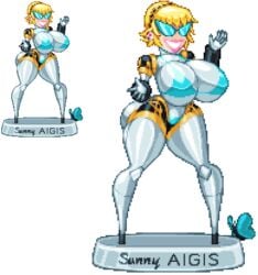 aegis_(persona) aigis_(persona) ass ass_expansion bimbo bimbofication blonde_hair blue_eyes blush breast_expansion breasts casetermk disney doll female high_heels highres huge_ass knick_knack large_ass large_breasts lipstick makeup narrow_waist permanent_smile persona persona_(series) persona_3 pixar pixel_art robot robot_girl short_hair solo sunglasses sunnification swimsuit transformation transparent_background wide_hips