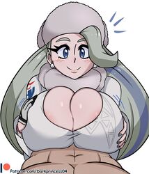 1boy 1girls abs alternate_breast_size blue_eyes blush breasts cleavage clothed clothes darkprincess04 ear_piercing earrings eye_contact eyelashes female gloves hair_over_one_eye half-closed_eyes hat huge_breasts human human_only larger_female long_hair looking_at_viewer male male_pov melony_(pokemon) milf mother nintendo nude paizuri patreon pokemon pokemon_ss pov size_difference smaller_male smile straight text url watermark