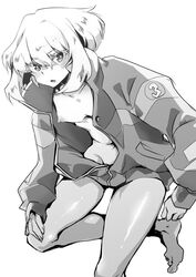 1boy blonde_hair bottomless eyebrows_visible_through_hair femboy girly hoodie lio_fotia looking_at_viewer male male_only monochrome nipples nude open_shirt promare prprlo short_hair simple_background solo trap white_background