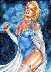 1girls 2019 baseball_bat batman_(series) big_breasts blonde_hair blue_dress blue_eyes blue_highlights blue_nail_polish blue_nails breasts bruna_monreal busty cape cosplay dated dc disney dress ed_benes_studio elsa_(frozen) eyeshadow female female_only frozen_(film) harley_quinn_(cosplay) holding_baseball_bat joker lipstick long_hair looking_at_viewer makeup mascara medium_breasts nail_polish pink_highlights pinup playing_card red_lips red_lipstick signature sleeves smile solo stockings supervillain supervillainess thighs traditional_media twintails white_cape white_sleeves white_stockings