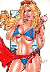 1girls 2019 big_breasts bikini blue_bikini blue_bikini_bottom blue_bikini_top blue_bra blue_eyes blue_panties blue_thong bra bracelet bracelets breasts bruna_monreal busty cape cherry dated dc dc_comics ed_benes_studio eyeshadow female female_only finger_to_mouth ice_cream ice_cream_cone kara_zor-el large_breasts licking_finger lipstick looking_at_viewer makeup mascara panties pink_lips pinup red_cape red_sash sash signature smile solo strawberry_ice_cream sunglasses sunglasses_on_head supergirl supergirl_bikini superman_(series) thighs thong traditional_media watch