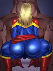 1boy 1boy1girl 1girls all_fours big_ass blonde_hair bodysuit captain_marvel carol_danvers clothing cum_on_face dark-skinned_male dark_skin defeated female huge_ass interracial kneeling large_ass marvel marvel_comics muscular_female taimanin_tauko thick_thighs vibrator vibrator_under_clothes