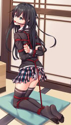 1girls anal_hook arms_behind_back ball_gag black_hair black_legwear blazer bondage bound checkered checkered_skirt chinese_commentary commentary_request eyebrows_visible_through_hair feet female gag gagged hair_between_eyes indoors jacket kneeling long_hair my_teen_romantic_comedy_snafu panties pillow red_rope restrained rope shibari_over_clothes silver_eyes skirt soles solo thighhighs tied_up underwear white_panties yiduan_zhu yukinoshita_yukino zettai_ryouiki_sex_royale