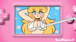 1girls alternate_version_available animated bare_arms bare_shoulders big_breasts blonde_hair blue_eyes blush blushing bra breast_grab clothed disembodied_hand female female_only grope groping large_breasts mario_(series) nintendo nintendo_ds princess_peach scruffmuhgruff solo super_mario_bros. touchscreen white_bra