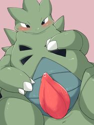 1boy blush bodily_fluids chubby digital_media_(artwork) erection feral genital_fluids kitsunepurin male male_only nintendo penis pokemon pokemon_(species) pokemon_gsc scalie solo tyranitar video_games