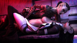 2girls 3d asarimaniac bioware black_hair breasts brown_hair closed_eyes clothing female female_only femdom fingering jack_(mass_effect) lipstick mass_effect mass_effect_3 miranda_lawson nipples nude open_clothes open_mouth ponytail restrained rope shaved_side subject_zero tattoo yuri