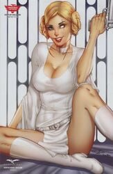 1girls belt big_breasts blonde_hair blue_eye boots bra breasts busty cleavage clothed collar comic_cover cosplay crossover female female_only firearm glowing_eye grimm_fairy_tales_(comic) gun holding_gun holding_weapon large_breasts lipstick looking_at_viewer mike_debalfo official_art panties pinup pistol princess_leia_organa_(cosplay) red_lips red_lipstick robyn_hood robyn_locksley scar sitting solo star_wars text thighs thong ula_mos weapon white_boots white_collar zenescope zenescope_entertainment