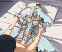 1boy 1girls 2019 alien bed bed_sheet breasts duo featureless_breasts female female_focus hand_holding hi_res highres human human_on_anthro humanoid ivara_(warframe) ivara_prime_(warframe) male male_human/female_alien male_human/female_anthro male_human/female_humanoid male_penetrating mammal missionary_position penetration penis pillow prime_warframe pussy solo_focus straight thechurroman vaginal_penetration veil video_games warframe