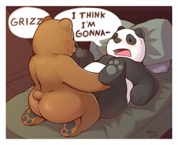 ass black_pawpads blush bodily_fluids brown_bear cartoon_network duo giant_panda grizzly_(wbb) grizzly_bear lying mabit male male/male mammal on_back panda_(wbb) pawpads sex soles sweat ursid ursine we_bare_bears