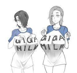 ayako_(twrlare) big_breasts blush busty daughter giga_milk medium_hair mega_milk meme milf mole_under_eye mother mother_and_daughter saya_(twrlare) short_hair t-shirt tongue_out twrlare