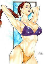 1girls 2019 arms_up big_breasts bikini bikini_bottom bikini_top bra breasts brown_eyes brown_hair busty cleavage dated earrings ed_benes_studio female female_only iago_maia lara_croft lara_croft_(classic) large_breasts lipstick long_hair panties pinup ponytail purple_bikini_top purple_bra purple_lips purple_lipstick signature solo thighs tomb_raider traditional_media yellow_bikini_bottom yellow_panties