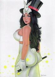 1girls 2019 ass ass_support big_breasts black_hair black_hat black_top_hat blue_eyes bra breasts bunny_tail busty dat_ass dated dc dc_comics ed_benes_studio eyeshadow female female_only gloves hair hat holding_object holding_wand homo_magi juliano_willian justice_league large_breasts leggings lipstick long_hair looking_at_viewer looking_back looking_back_at_viewer magic_wand makeup mascara pinup rabbit red_lips red_lipstick round_ass signature solo straight_hair thick_ass top_hat traditional_media wand white_bra white_gloves white_leggings white_pants white_rabbit white_tail zatanna zatanna_zatara