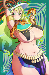 1girls bikini bikini_armor bracelet breasts chubby crown gem huge_breasts jewelry large_breasts looking_at_viewer miss_kobayashi's_dragon_maid navel open_eyes quetzalcoatl_(dragon_maid) redrabbu smile snake solo swimsuit thick_thighs wide_hips