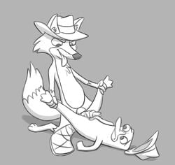 agent_f_(phineas_and_ferb) anal anal_sex anatomically_correct animal_genitalia animal_penis beak bifurcated_penis canid canine canine_penis clothing duo fedora fox hat headgear headwear hi_res interspecies knot lying male male/male mammal masturbation missionary_position monochrome monotreme nude on_back penetration penile penile_masturbation penis perry_the_platypus phineas_and_ferb platypus red_fox sex the_giant_hamster tongue tongue_out