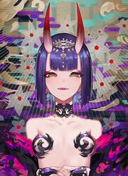 :d bangs bare_shoulders breasts earrings eyebrows_visible_through_hair eyeliner fangs fate/grand_order fate_(series) female flower hair_ornament hikimayu horns jewelry looking_at_viewer makeup mins_(minevi) oni open_mouth purple_eyes purple_hair revealing_clothes short_hair shuten_douji_(fate) smile solo