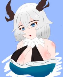 1girls behemoth_(dauntless) big_breasts blue_eyes boreus_(dauntless) dauntless female female_focus female_only horns human human_only humanized monster_girl mouth_open upper_body white_hair